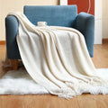 Axyaa Cream White Knit Throw Blanket with Tassels