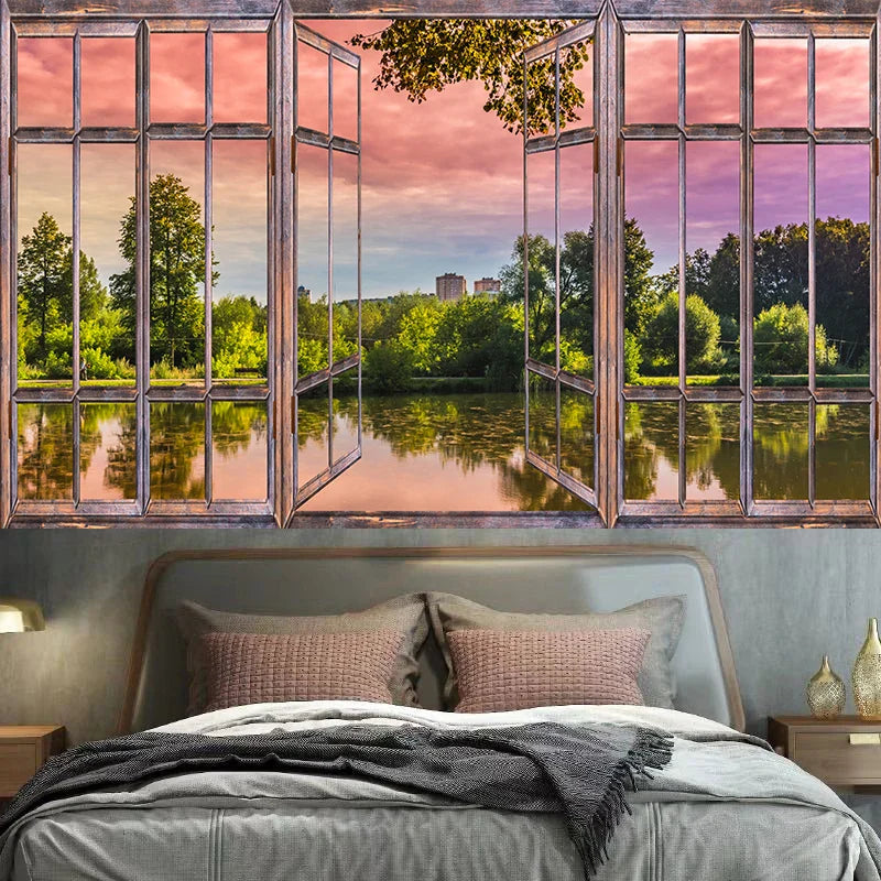 Axyaa 3D Window Scenery Tapestry Room Decoration Wall Hanging Art Background