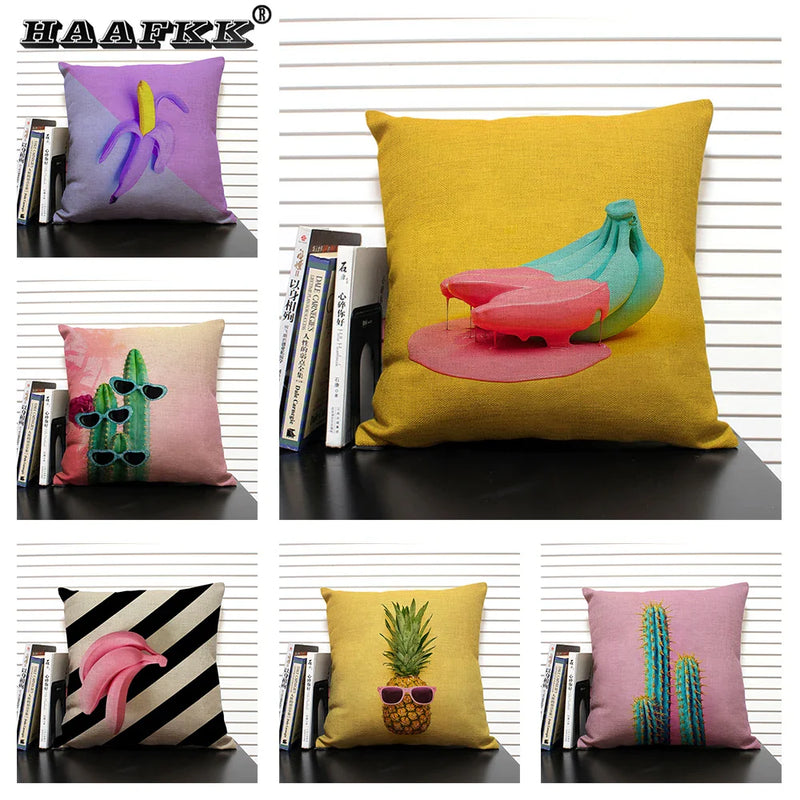 Axyaa Cactus Pineapple Pattern Cushion Cover 45x45 Linen Pillowcase