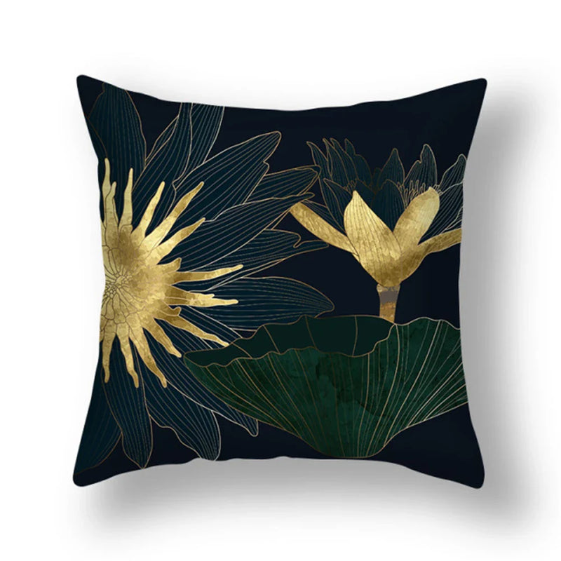 Axyaa Gold Leaf Flower Cushion Cover - Decorative Square Pillow for Home and Car