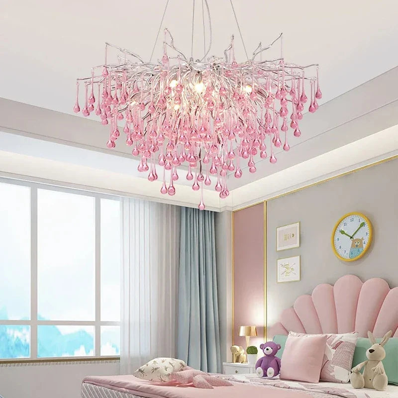 Axyaa Pink Crystal Chandelier Raindrop Pendant Light for Modern Home Decor