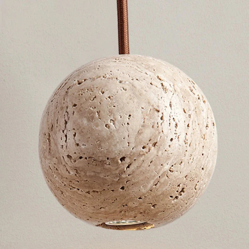 Axyaa Stone Yellow Travertine LED Pendant Chandelier - Small Round Nordic Bedroom Light