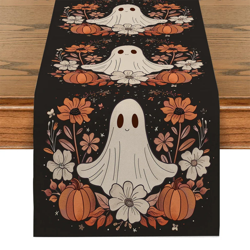 Axyaa Cute Ghost Chrysanthemum Table Runner - Halloween Party Decor and Dresser Table Accent