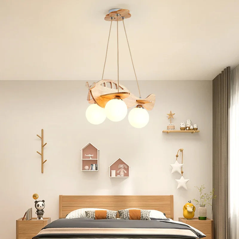 Axyaa Wood Airplane Chandelier LED Suspension Light for Boy Bedroom