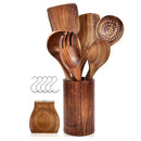 Axyaa Wood Kitchen Utensil Set - Skimmer Spoons, Salad Scoop, Non-Stick Colander