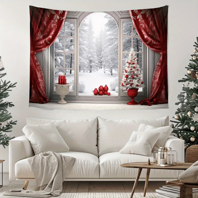 Axyaa Christmas Window Tapestry Snow Scene for Home Outdoor Decor