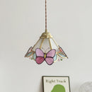 Axyaa Gold Brass LED Pendant Light with Pink Glass Butterfly Design