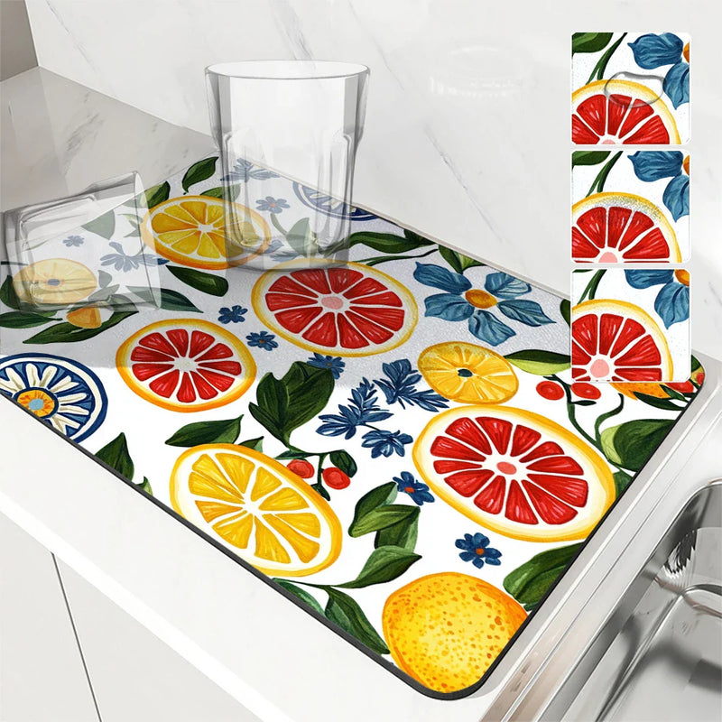Axyaa Plant Leaf Lemon Kitchen Drying Mat - Quick Dry Absorbent Draining Pad