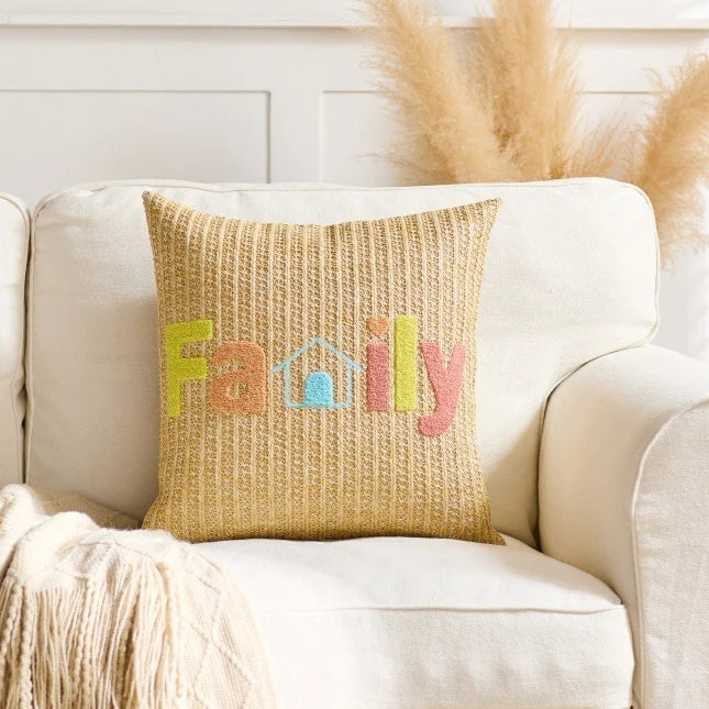 Embroidered Happy Home Pillow Cover by Axyaa for Living Room & Bedroom
