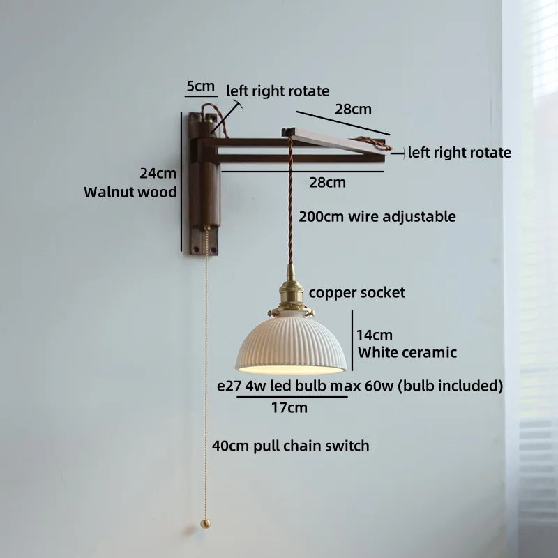 Axyaa Walnut Wood LED Wall Lamps Switch Ceramic Japan Style Kitchen Stair Light
