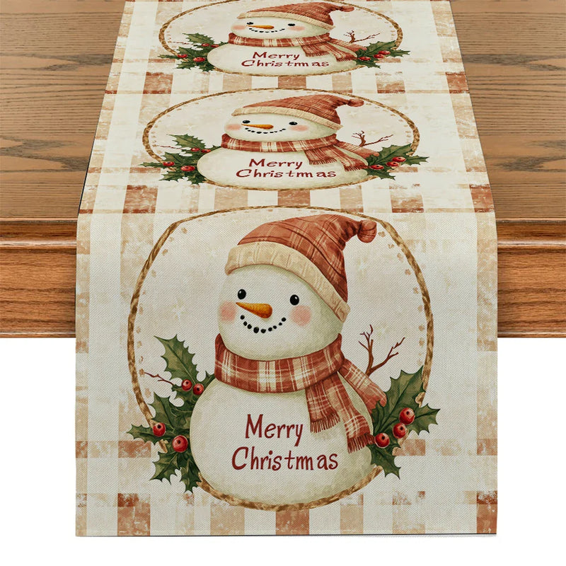 Snowman Holly Berries Table Runner by Axyaa: Festive Kitchen & Dining Decoration