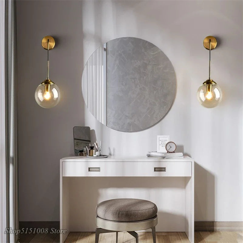 Nordic Glass Wall Lamps LED Luxury Round Vintage Ball Bathroom Mirror Beside Lamps