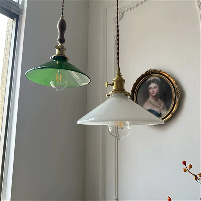 Axyaa White Green Glass LED Pendant Light with Copper Socket