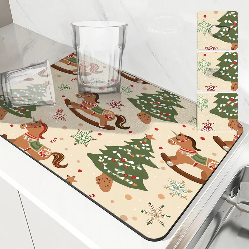 Axyaa Christmas Tree Coffee Cup Drying Mat - Absorbent Non-slip Diatoms Kitchen Mat