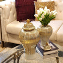 Axyaa Golden Stripes Ceramic Ginger Jar Vase with Lid - Handcrafted Porcelain Storage Tank