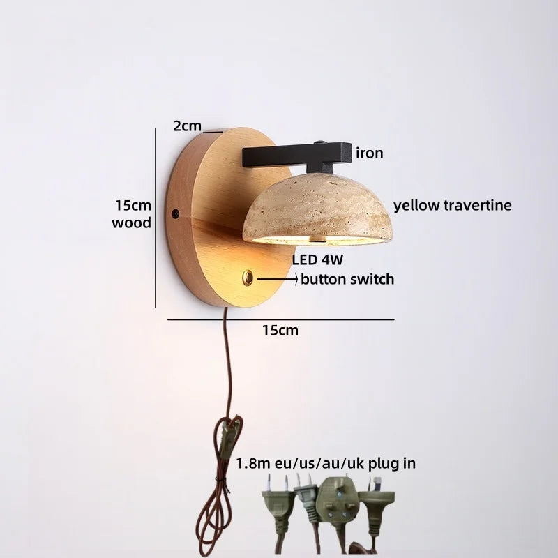 Axyaa Wooden LED Wall Lamp with Switch, E27 Bulb, Yellow Travertine - Wandleuchte