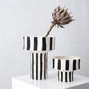 Axyaa Striped Wide Mouth Ceramic Vase - Modern Living Room Table Decoration