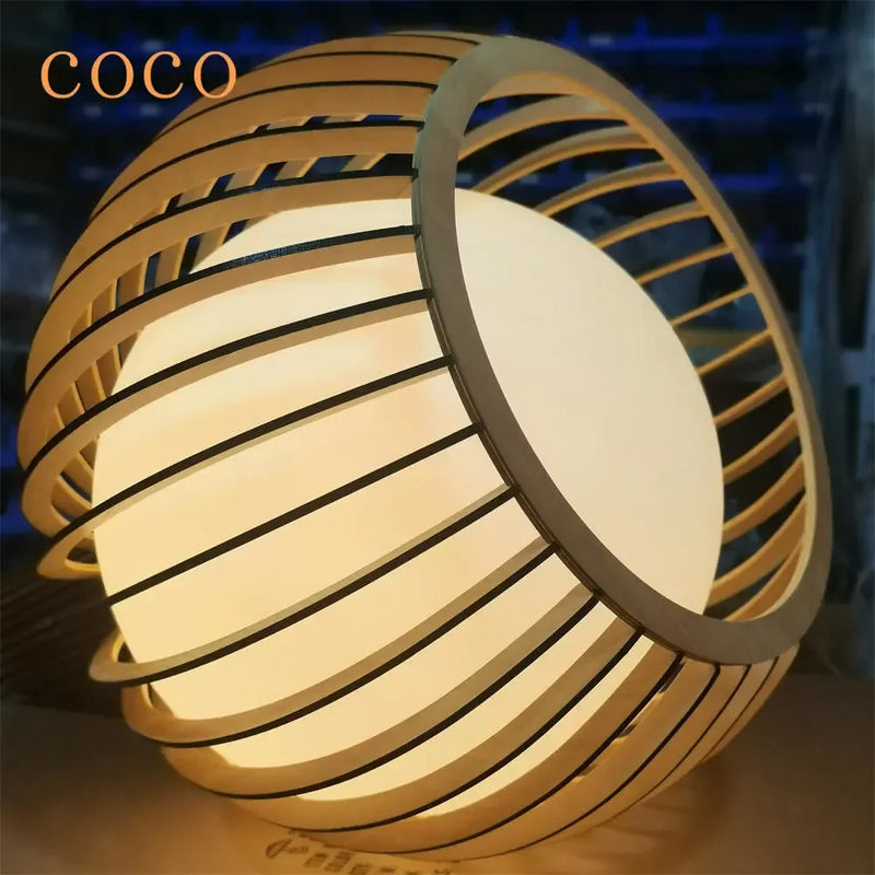 Axyaa Modern Wood Birdcage Chandelier with Black and White Orb for Dining and Living Decor