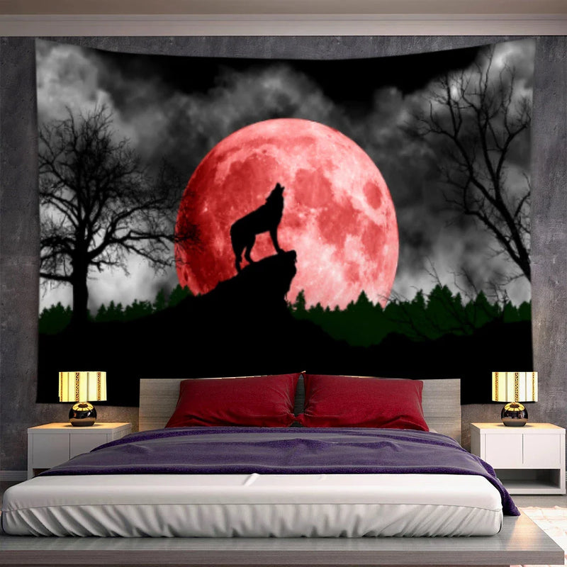 Axyaa Psychedelic Moon Wolf Wall Hanging Tapestries for Home Decor