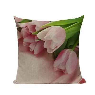 Pink Tulip Linen Cushion Cover - Axyaa 45x45cm Pillowcase