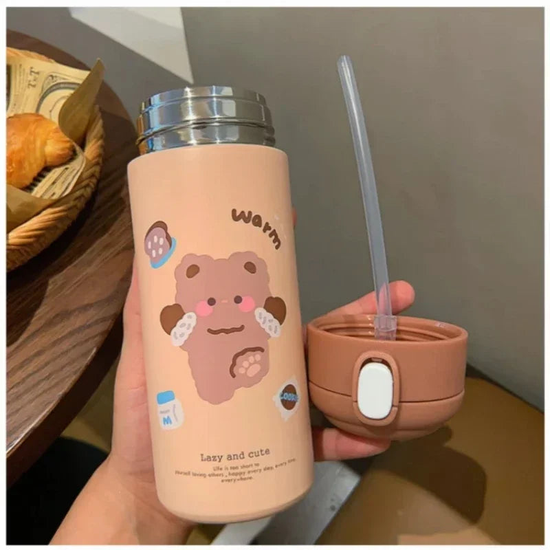 Axyaa 380ml Stainless Steel Vacuum Flask with Straw - Cute Thermal Insulation Water Bottle