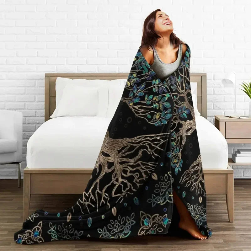 Axyaa Tree Of Life Golden Marble Flannel Throw Blanket