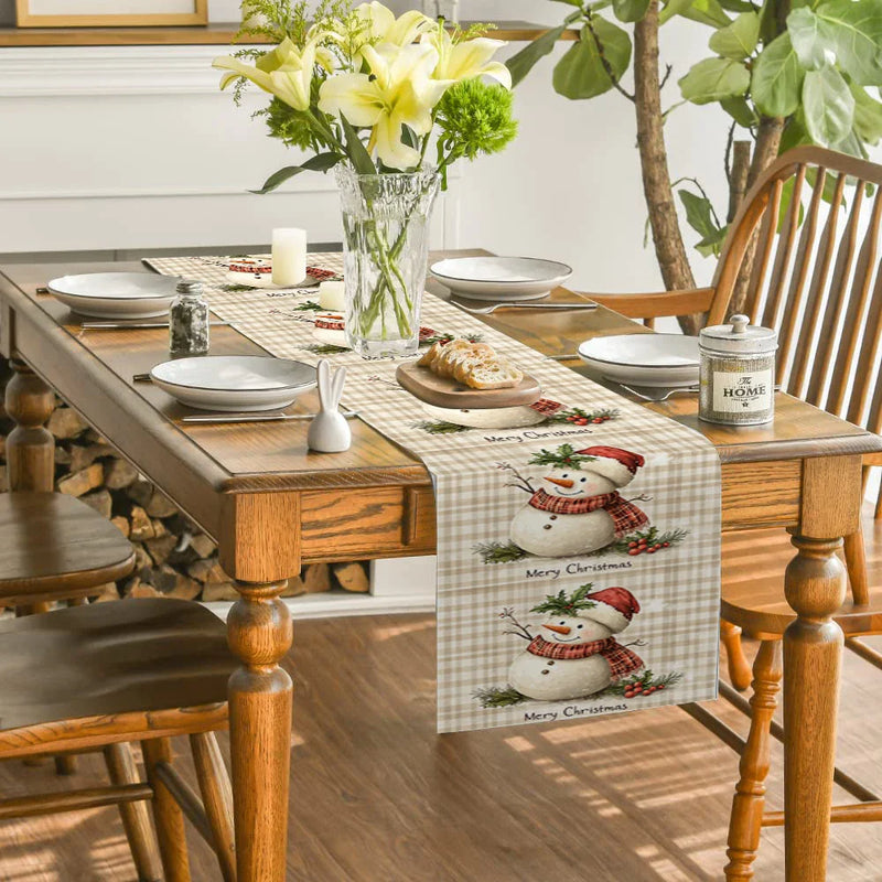Snowman Holly Berries Table Runner by Axyaa: Festive Kitchen & Dining Decoration