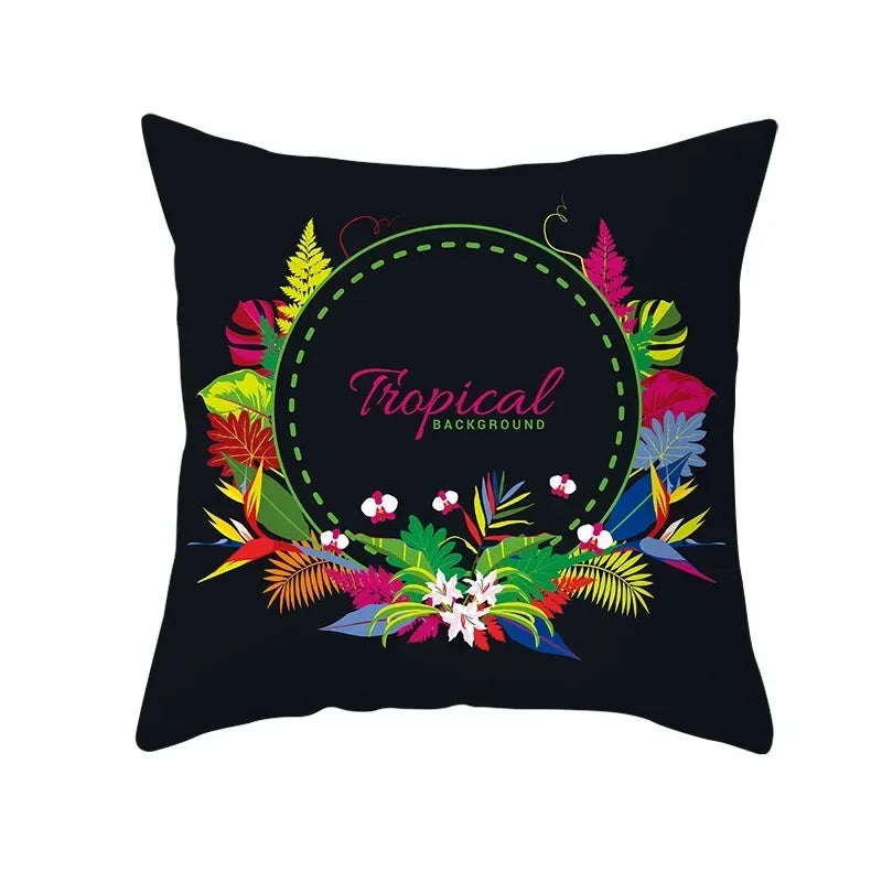 Flamingo Flower Rainforest Cushion Cover with Tropical Plant Animal Pattern by Axyaa