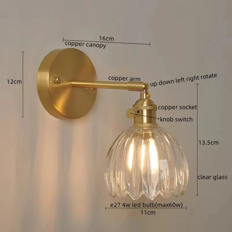 Axyaa Copper Glass Knob Switch LED Wall Light Fixture for Bedroom, Nordic Modern Arandela