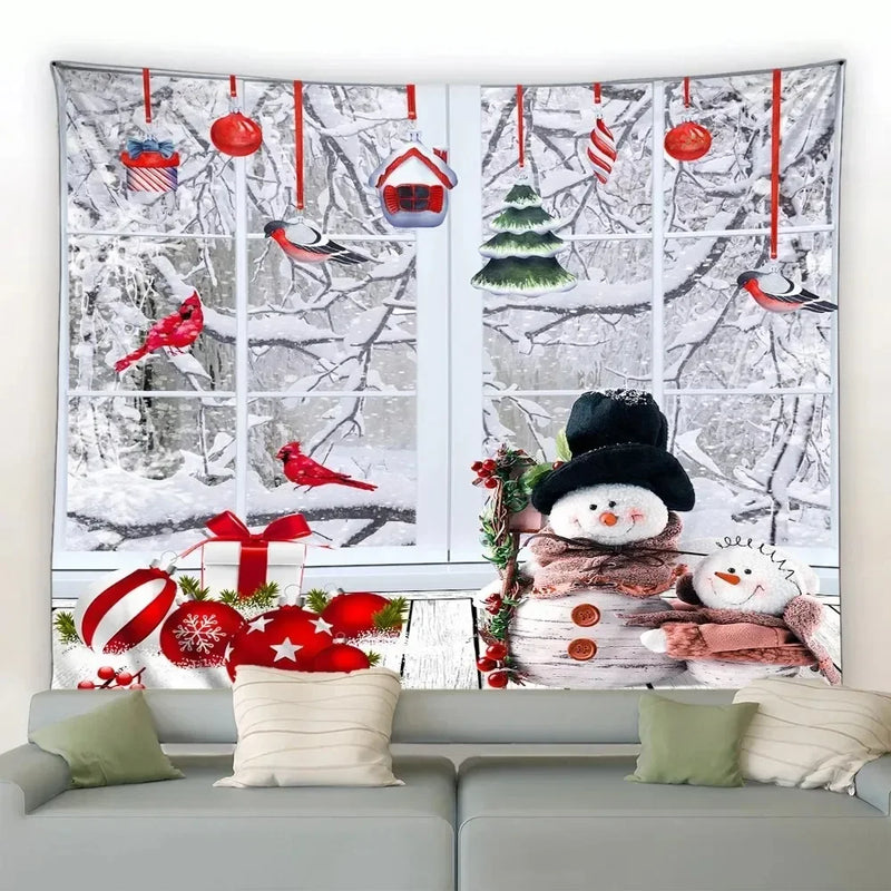 Axyaa Christmas Tapestry: Festive Snowman & Tree Print for Home Decor