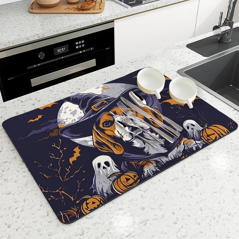 Axyaa Coffee Mat: Halloween Dog Bat Draining Pad, Quick Dry Kitchen Bathroom Drying Mat