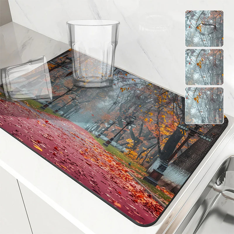Axyaa Autumn Park Kitchen Drain Pad, Heat Resistant Dish Drying Mat