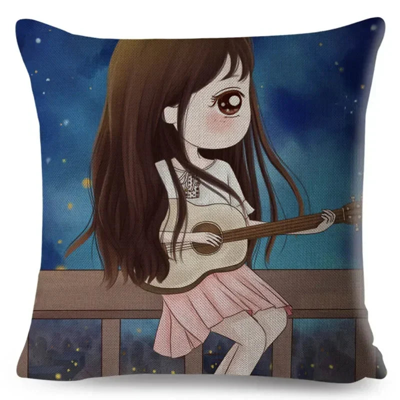 Axyaa Beautiful Girl Pattern Linen Pillowcase for Living Room and Bedroom