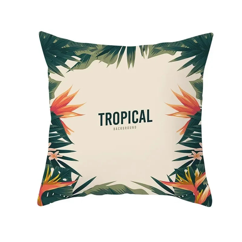 Flamingo Flower Rainforest Cushion Cover with Tropical Plant Animal Pattern by Axyaa