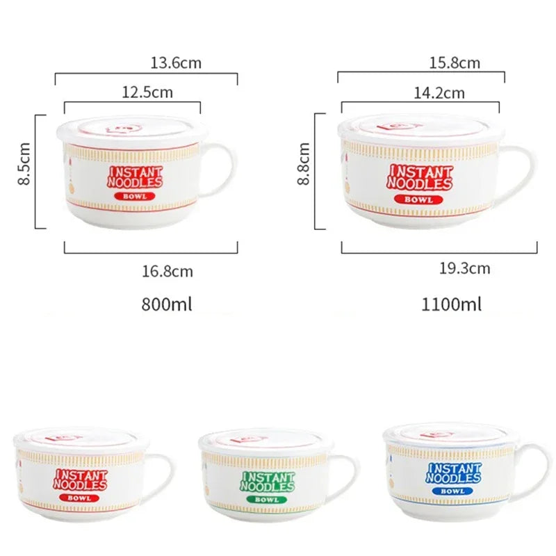 Axyaa Ceramic Noodle Bowl with Lid - Large Capacity Soup & Salad Lunch Box