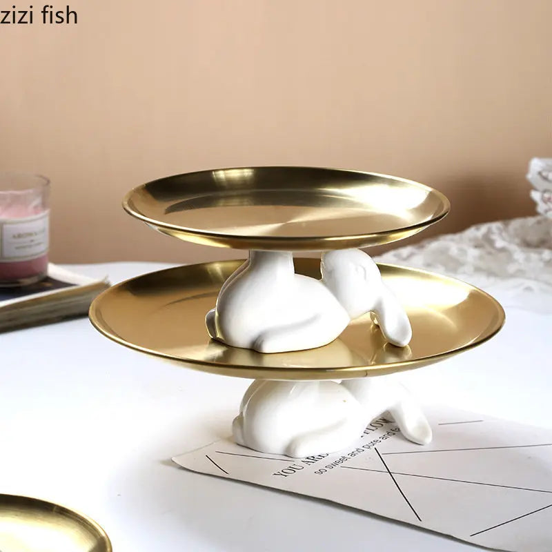 Axya Rabbit Cake Plate Ceramic Metal Jewelry Tray Snack Dessert Refreshment Tray