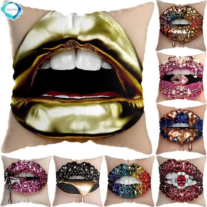 Pink Gold Lips Cushion Cover by Axyaa: Modern Nordic Diamond Painting Home Decor