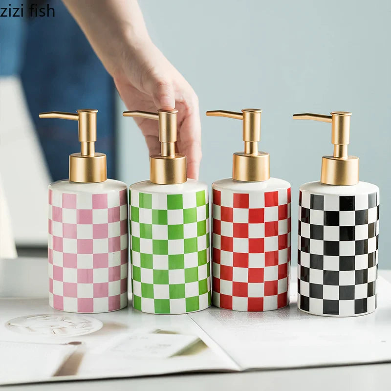 Axya Ceramic Soap Dispenser with Geometric Pattern Pump Shampoo Bottle