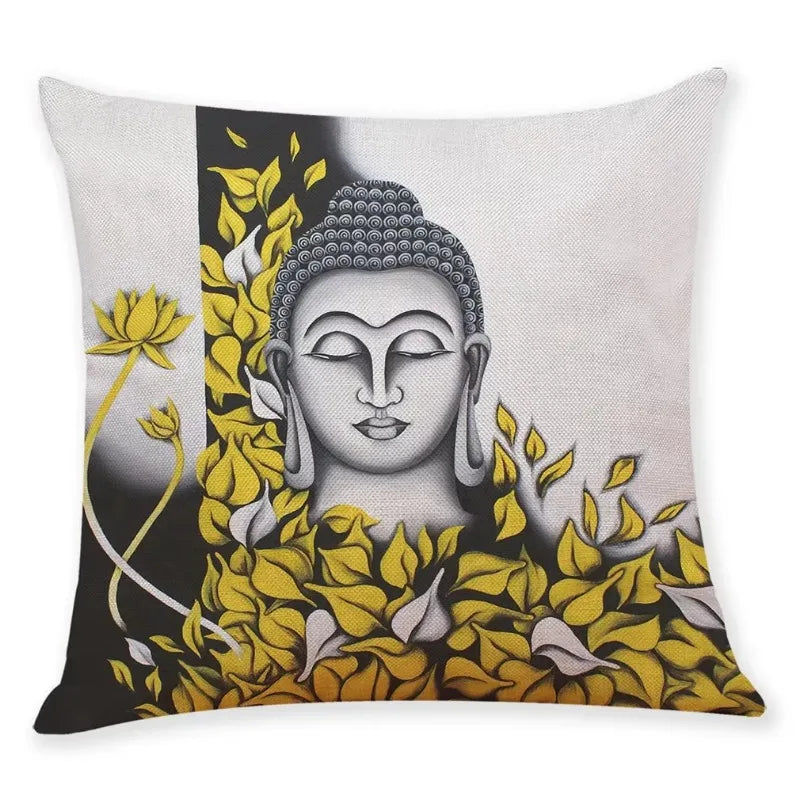 Axyaa Buddha Statue Print Linen Cushion Cover 45X45CM