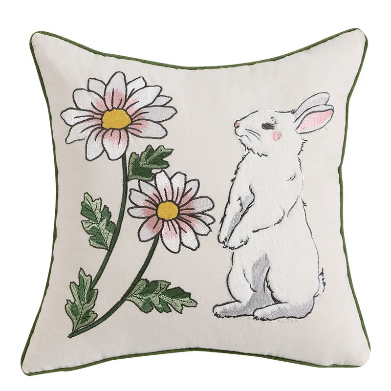Axyaa Pink Floral White Floral Bunny Embroidered Cushion Cover