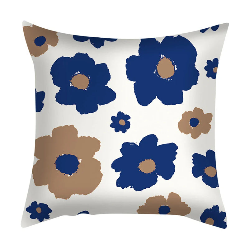 Axyaa Blue Daisy Geometric Flower Leaf Pillow Cover Square Decorative Cushion Cover