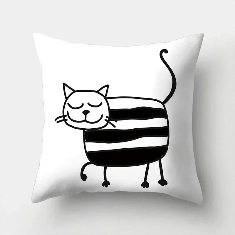 Axyaa Black & White Cat Pattern Cushion Cover for Living Room, Bedroom & Sofa