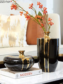 Axyaa Black Gold Ceramic Vase Modern Floral Decor Crafts Glaze Porcelain Flowers Pot