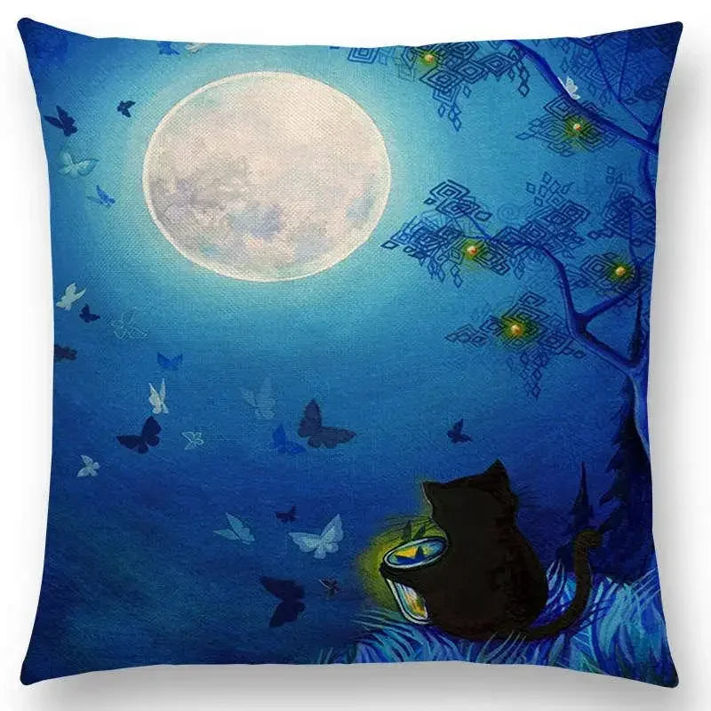 Cute Cat Moon Night Wonderland Witch Halloween Dance Pillow Cover by Axyaa