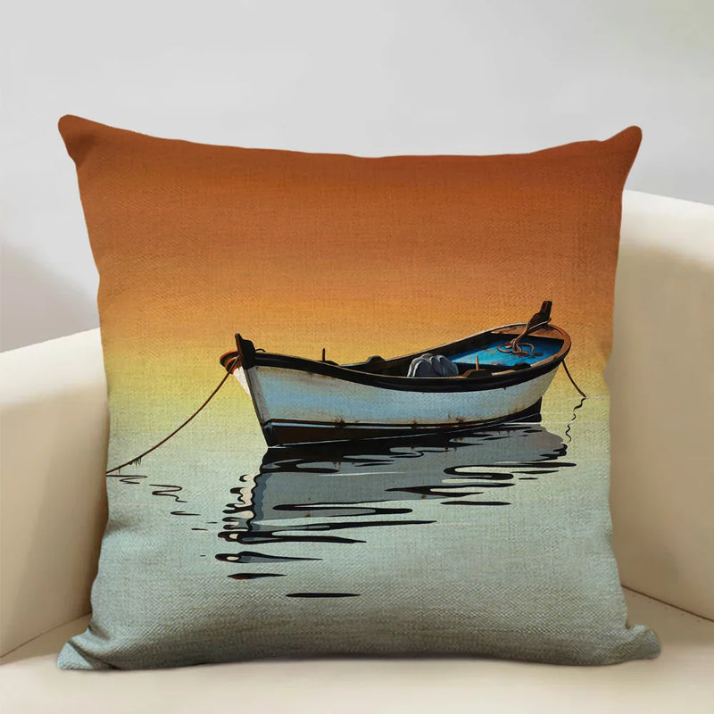 Axyaa Boat Pattern Linen Cushion Cover for Home Sofa Decor