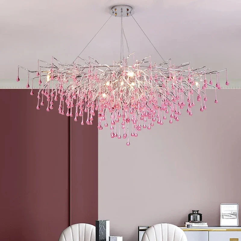 Axyaa Pink Crystal Chandelier Raindrop Pendant Light for Modern Home Decor