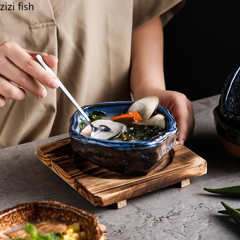 Axya Stone Pattern Ceramic Soup Bowl Set - Unique Irregular Design for Desserts, Snacks, Sushi