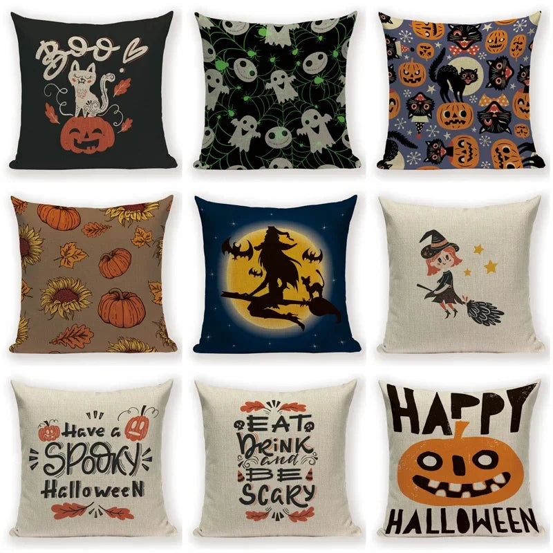 Axyaa Halloween Cushion Cover - Spooky Decorative Pillowcase with Pumpkin, Ghosts & Flying Carpet