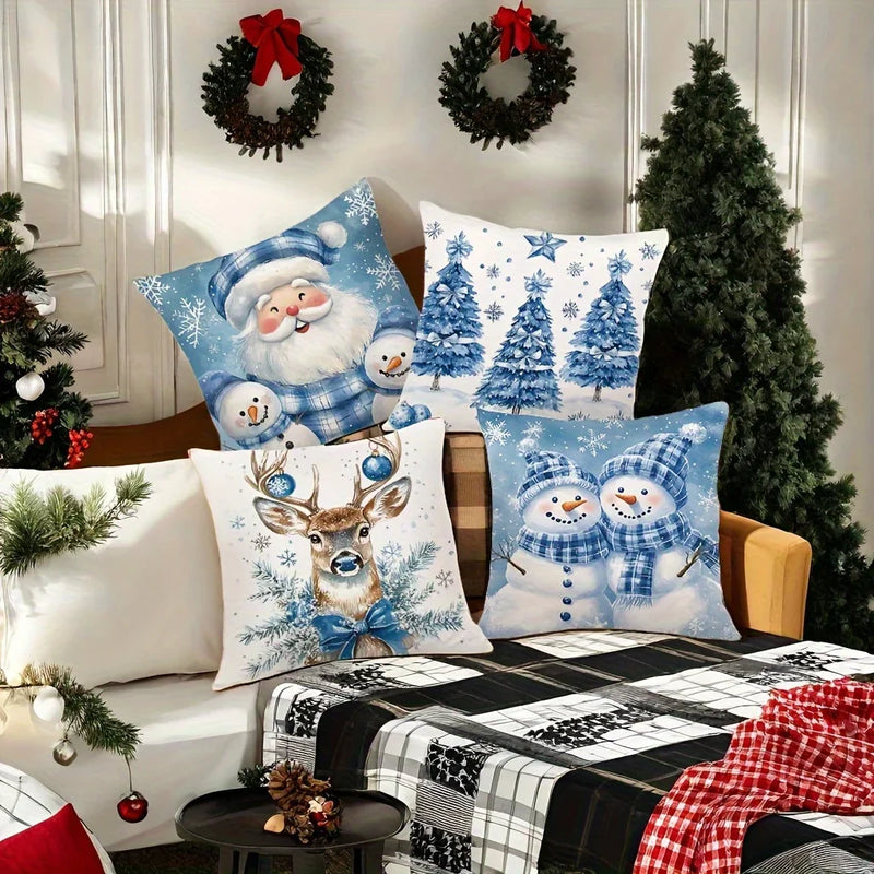Axyaa Christmas Pillow Covers Set - Santa Claus, Snowman, Reindeer & Holiday Tree Designs