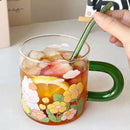 Axyaa Glass Cup with Lid and Straw, 600ml Cute Flower Design Mug